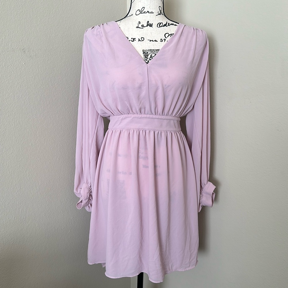 H&M Pale Pink Solid Fit & Flare Dress V-Neck Long Sleeve Belted Tie L
